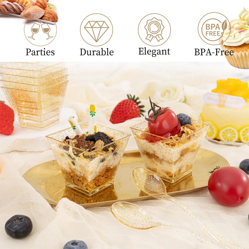 I00000 2oz Gold Glitter Square Mini Plastic Dessert Cups, 2 Ounce Small Plastic Cups with Mini Spoons, Include 100 Pieces Small Parfait Cup and 100 Pieces Gold Spoons for Pudding, Fruit and Ice Cream - Image 5